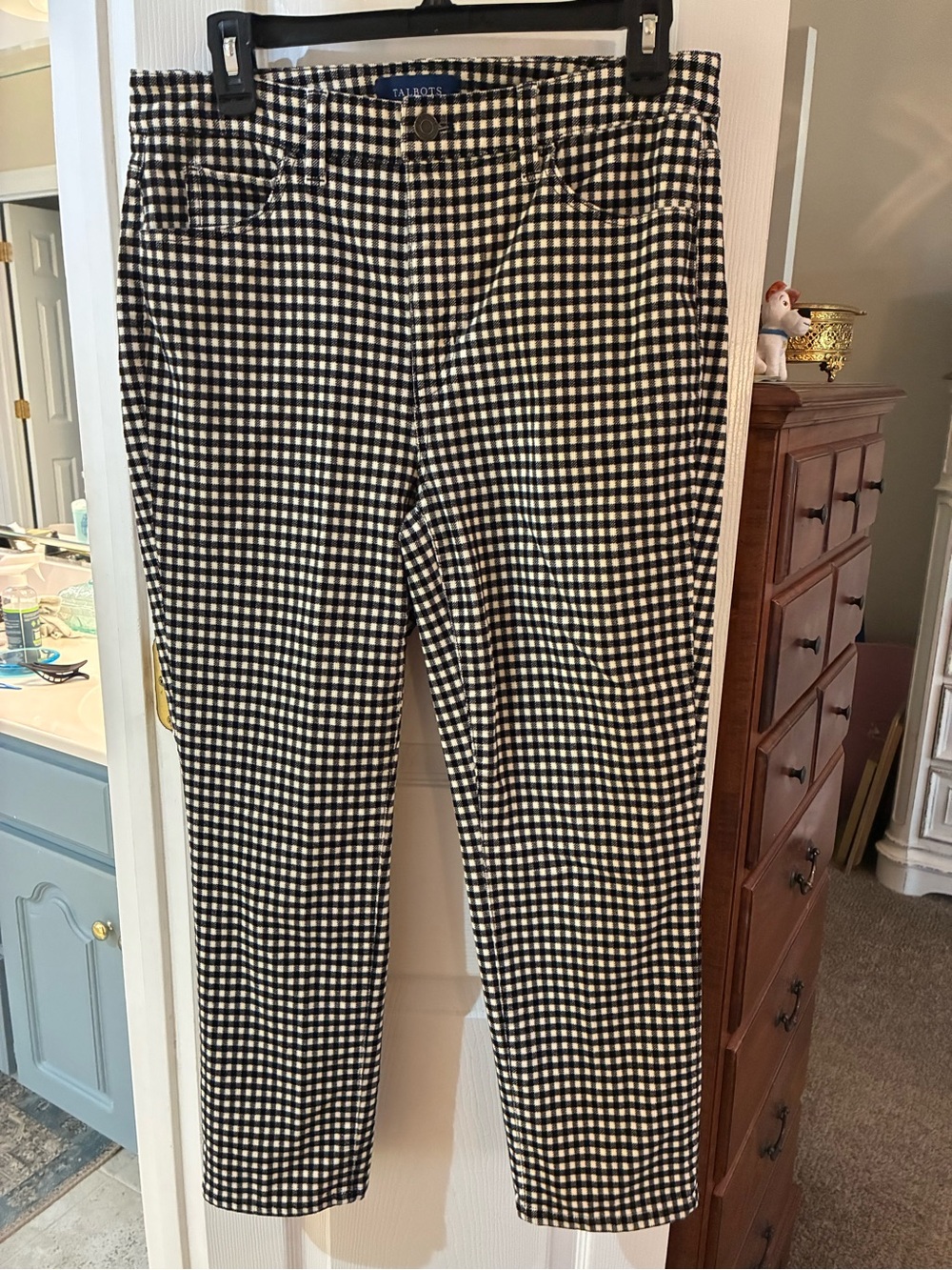 Talbots Velveteen Black & White Gingham High Waist Straight Leg Pants SZ 8P